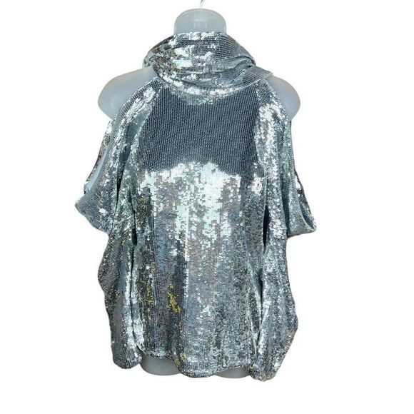 INC International Concepts Top Sequined Silver Cold Shoulder Scarf Neck Medium - Picture 1 of 16